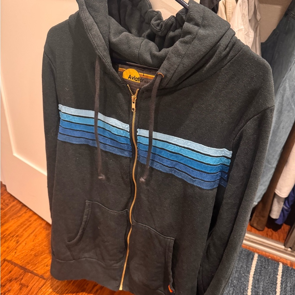 Aviator Nation Black Zip-Up Sweater with Blue Accents